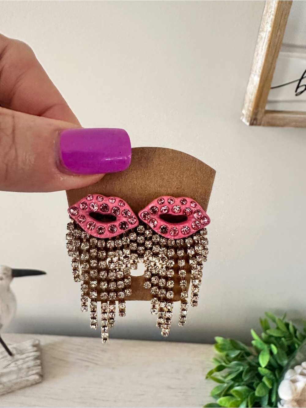 Pink Lip Kiss Rhinestone Fringe Earrings - Picture 3 of 6